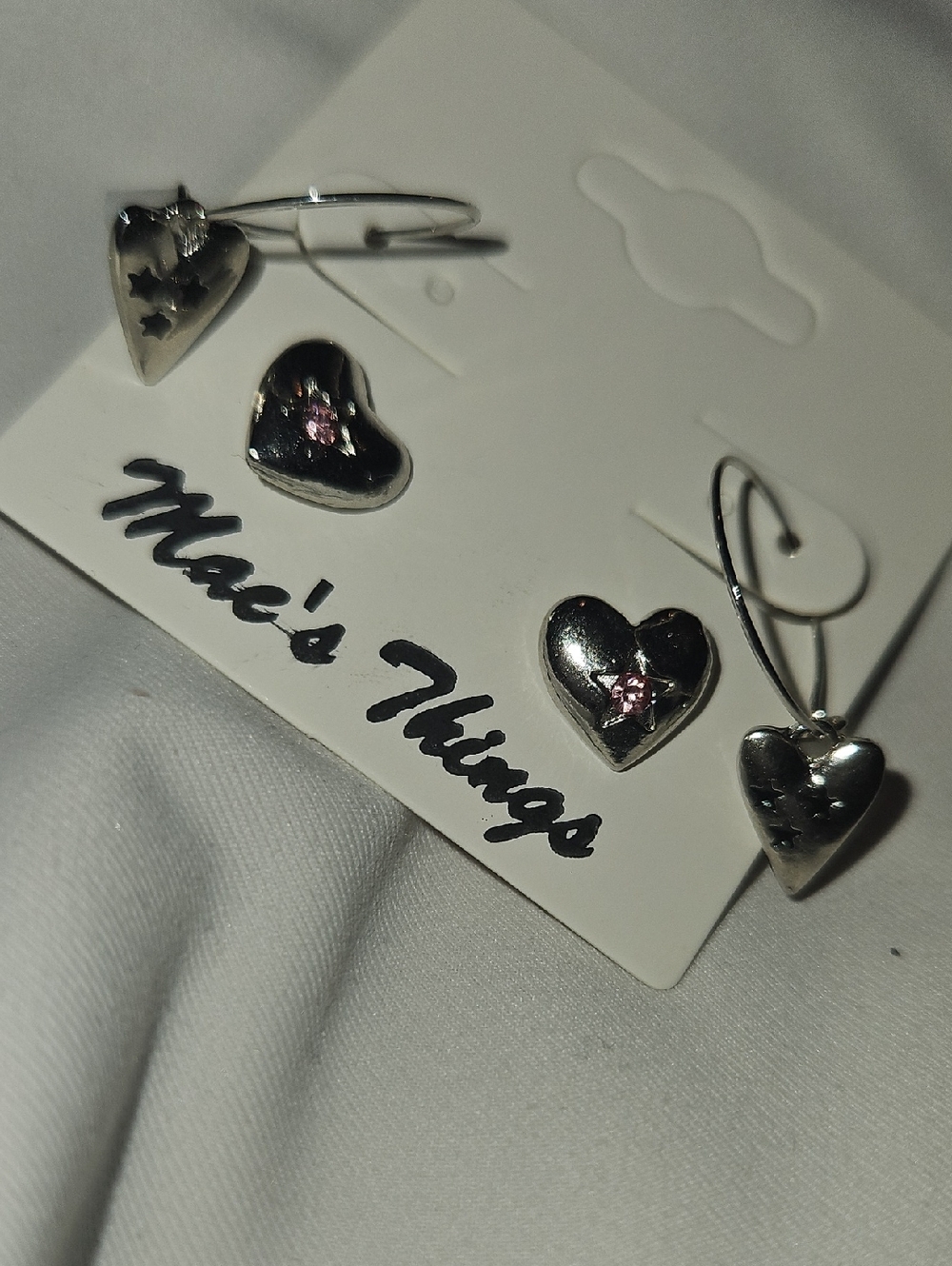 Silver Heart Earrings with Pink Crystal Accents